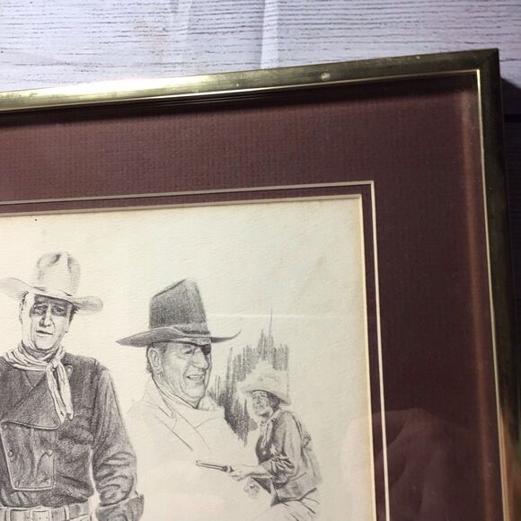 Vintage 1975 Glen Base John Wayne Pencil Sketch Art Framed - Picture 3 of 16
